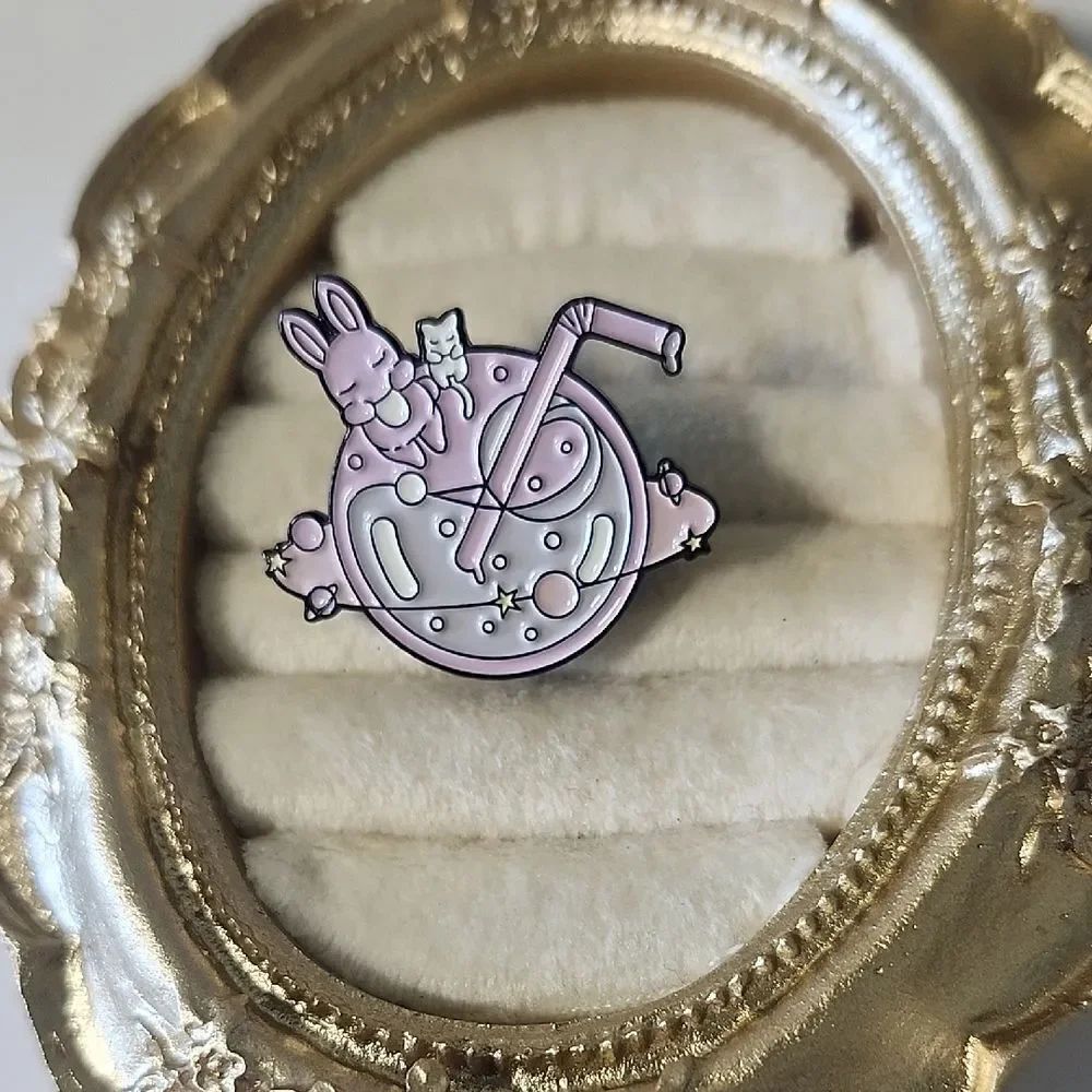 Cute Pink Enamel Pin with Bunny and Cat